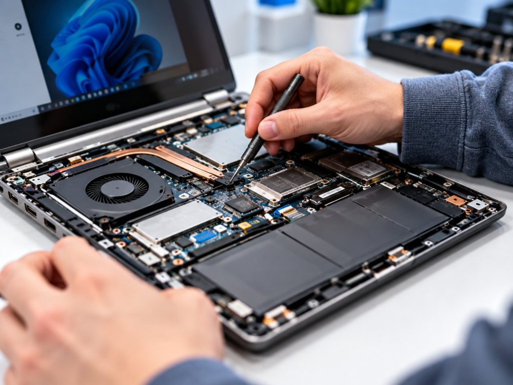 Technician repairing an open laptop