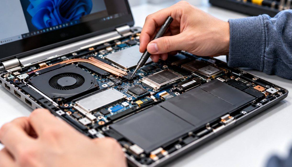 Technician repairing an open laptop